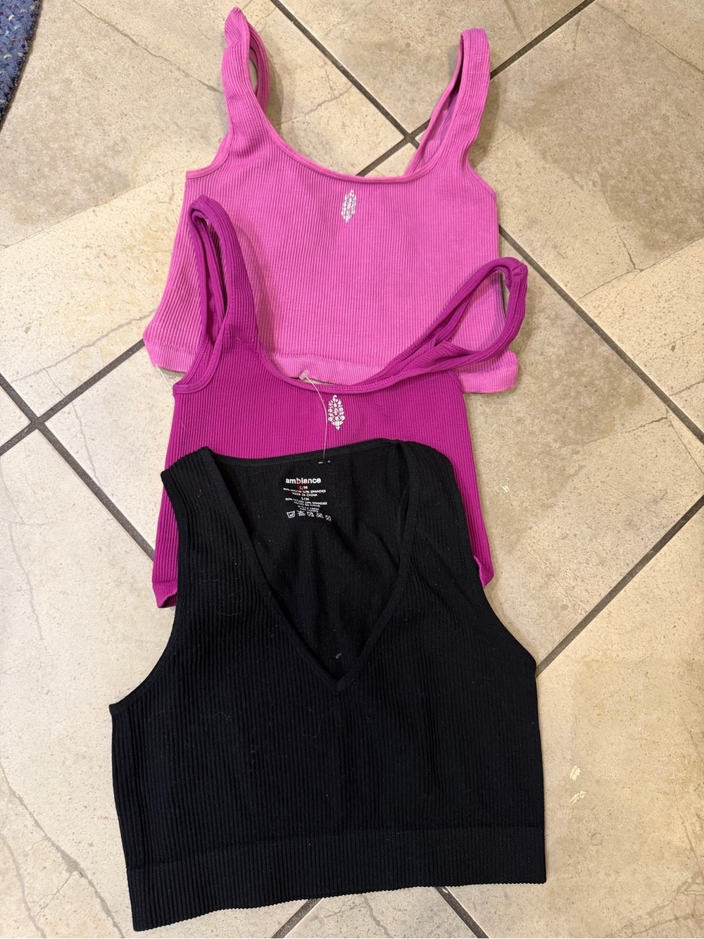 Ambiance Ribbed V-Neck Tank Top Trio — Hot Pink, Magenta & Black and 2 free pple